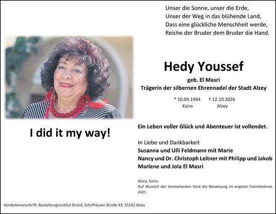 Traueranzeige von Hedy Youssef von Allgemeine Zeitung Alzey