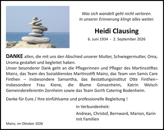 Traueranzeige von Heidi Clausing von Allgemeine Zeitung Mainz