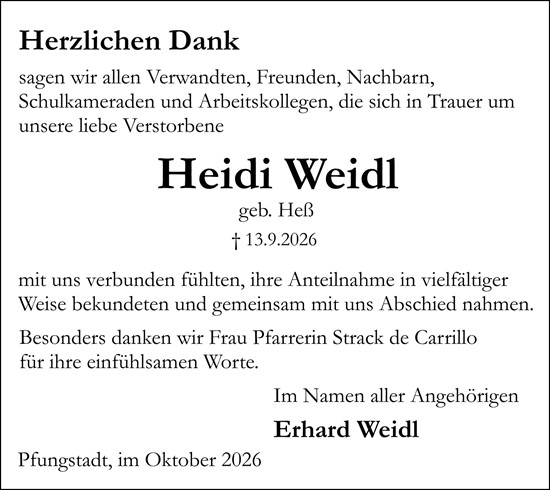 Traueranzeige von Heidi Weidl von Darmstädter Echo
