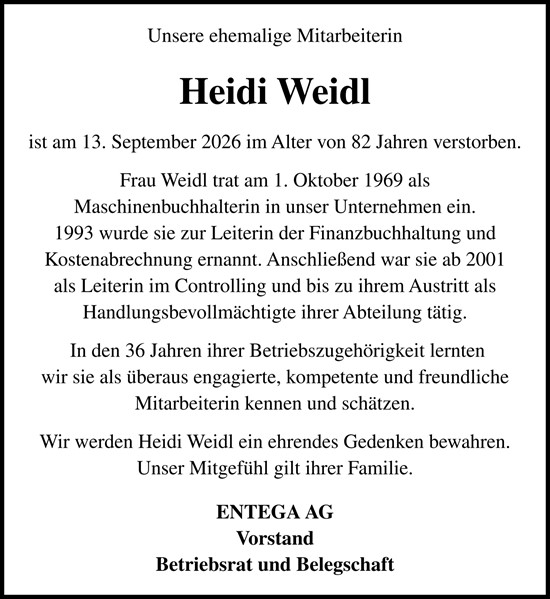 Traueranzeige von Heidi Weidl von Odenwälder Echo
