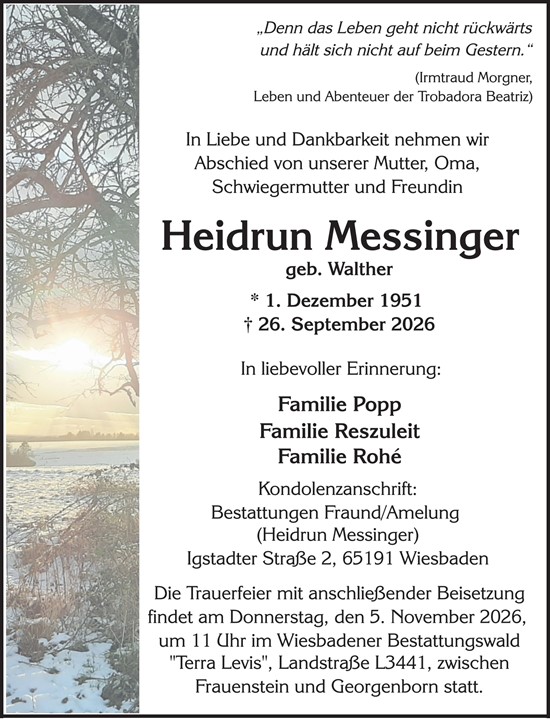 Traueranzeige von Heidrun Messinger von Wiesbadener Kurier