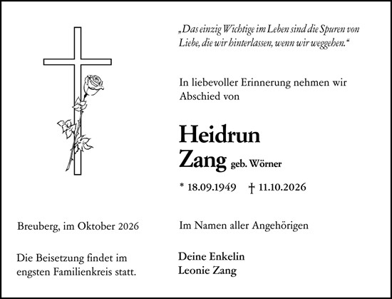 Traueranzeige von Heidrun Zang von Odenwälder Echo