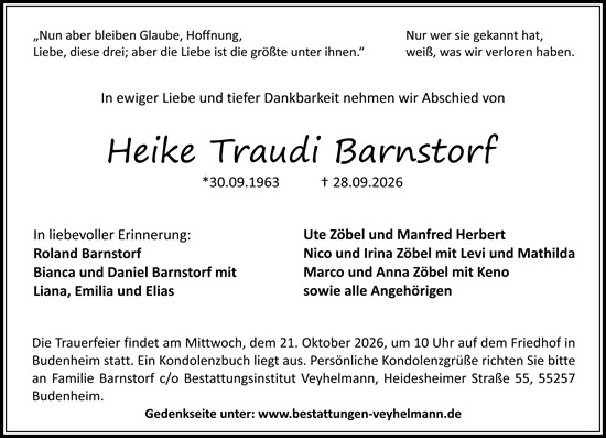 Traueranzeige von Heike Traudi Barnstorf von Allgemeine Zeitung Mainz