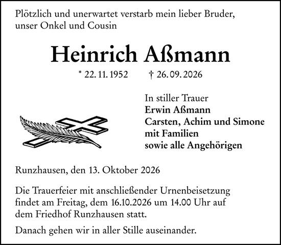 Traueranzeige von Heinrich Aßmann von Hinterländer Anzeiger