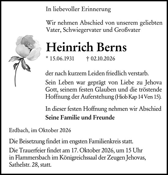 Traueranzeige von Heinrich Berns von Dill Block