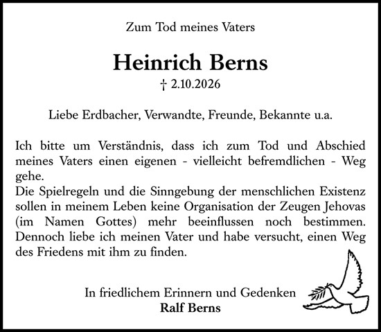 Traueranzeige von Heinrich Berns von Dill Block