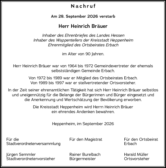 Traueranzeige von Heinrich Bräuer von Starkenburger Echo