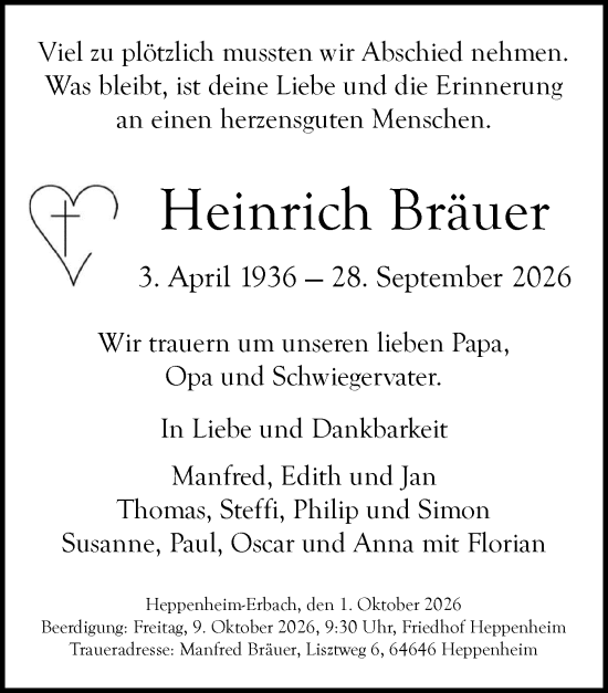 Traueranzeige von Heinrich Bräuer von Starkenburger Echo