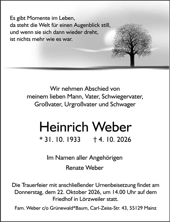 Traueranzeige von Heinrich Weber von Allgemeine Zeitung Mainz