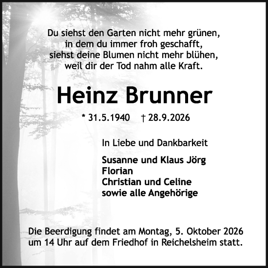 Traueranzeige von Heinz Brunner von Odenwälder Echo