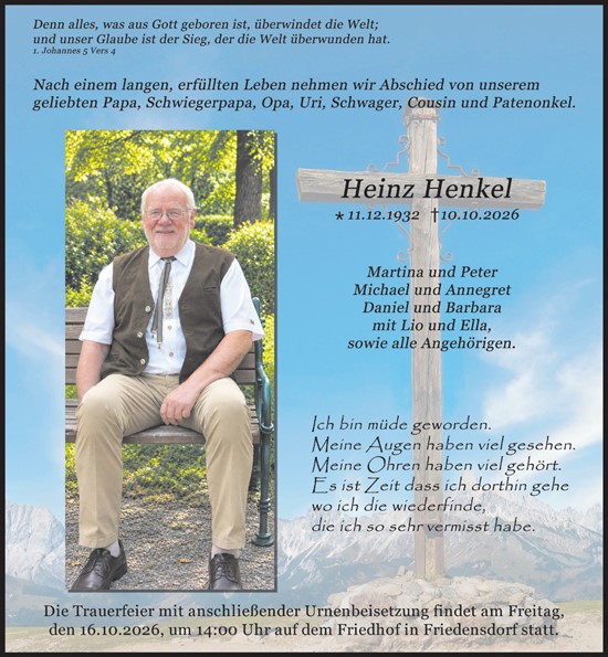 Traueranzeige von Heinz Henkel von Hinterländer Anzeiger