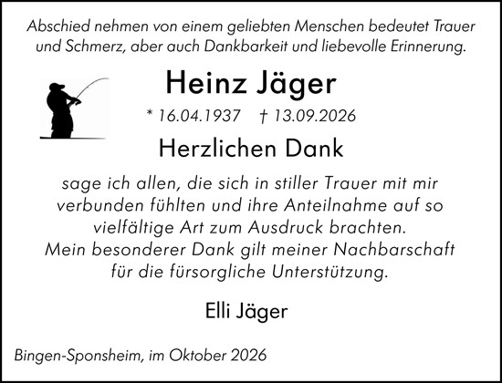Traueranzeige von Heinz Jäger von Binger-/Ingelheimer Wochenblatt