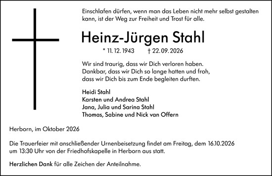 Traueranzeige von Heinz-Jürgen Stahl von Dill Block