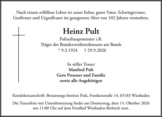 Traueranzeige von Heinz Pult von Wiesbadener Kurier
