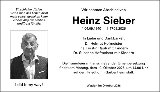 Traueranzeige von Heinz Sieber von Wetzlarer Neue Zeitung