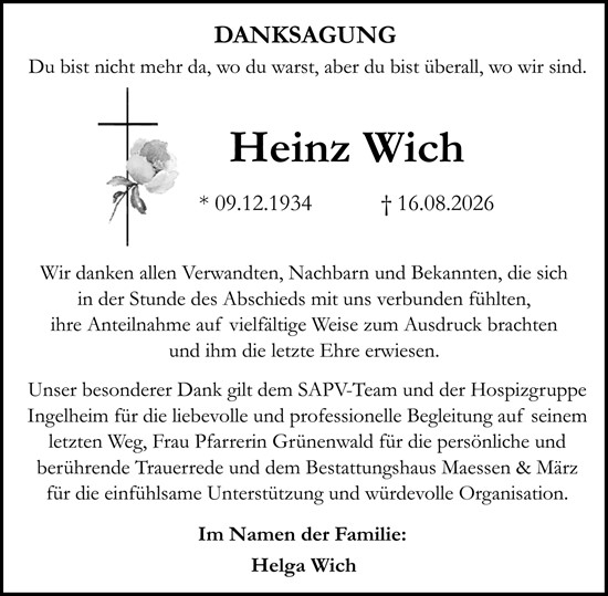 Traueranzeige von Heinz Wich von Allgemeine Zeitung Rheinhessen-Nahe