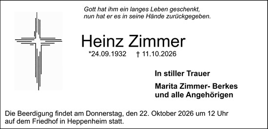 Traueranzeige von Heinz Zimmer von Starkenburger Echo