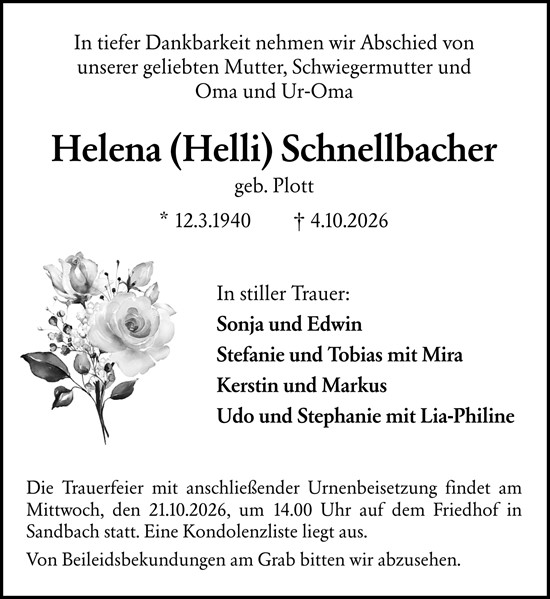 Traueranzeige von Helena Schnellbacher von Odenwälder Echo