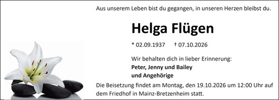 Traueranzeige von Helga Flügen von Allgemeine Zeitung Mainz