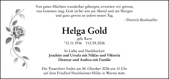 Traueranzeige von Helga Gold von Wormser Zeitung