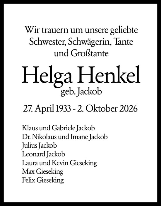 Traueranzeige von Helga Henkel von Allgemeine Zeitung Mainz