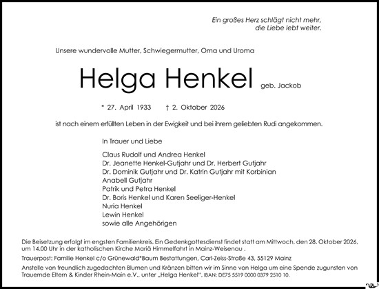 Traueranzeige von Helga Henkel von Allgemeine Zeitung Mainz