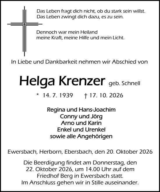 Traueranzeige von Helga Krenzer von Dill Block