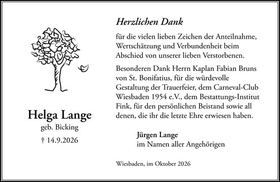 Traueranzeige von Helga Lange von Wiesbadener Kurier