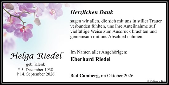 Traueranzeige von Helga Riedel von Camberger Anzeiger