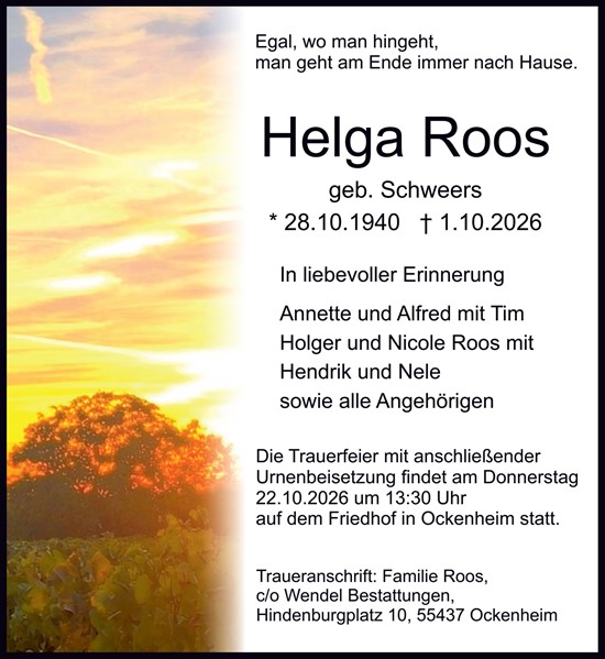 Traueranzeige von Helga Roos von Allgemeine Zeitung Rheinhessen-Nahe
