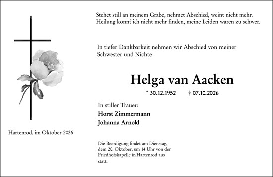 Traueranzeige von Helga van Aacken von Hinterländer Anzeiger