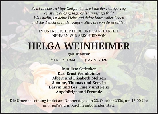 Traueranzeige von Helga Weinheimer von Allgemeine Zeitung Alzey