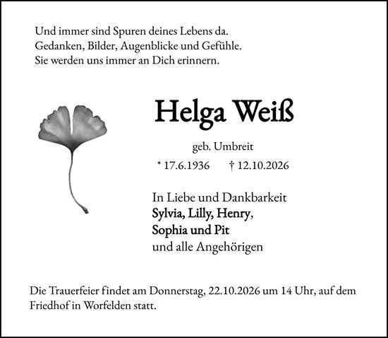 Traueranzeige von Helga Weiß von Groß-Gerauer Echo