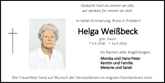 Traueranzeige von Helga Weißbeck von Darmstädter Echo