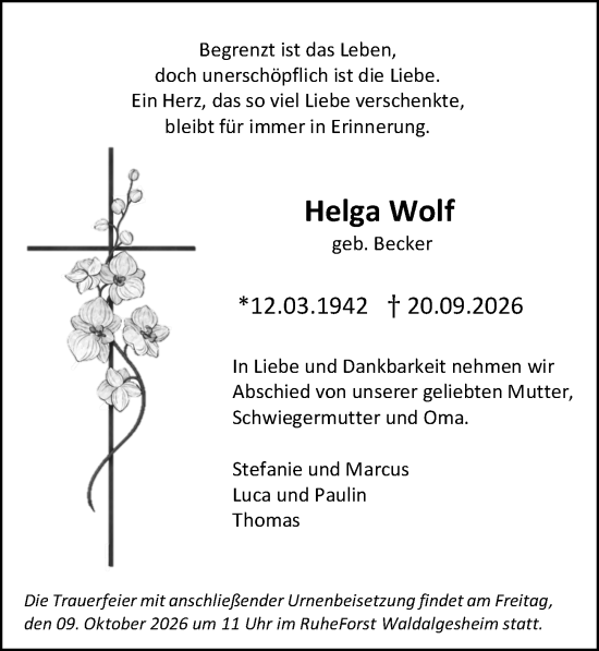 Traueranzeige von Helga Wolf von Binger-/Ingelheimer Wochenblatt