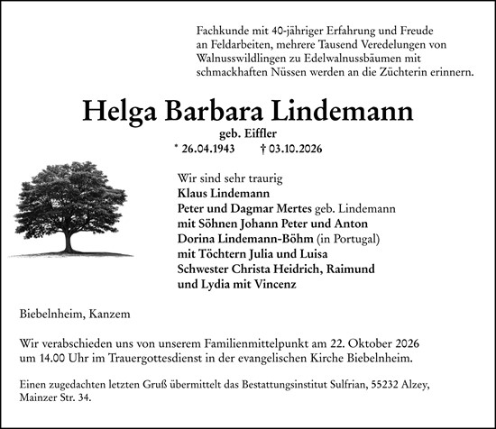 Traueranzeige von Helga Barbara Lindemann von Allgemeine Zeitung Alzey