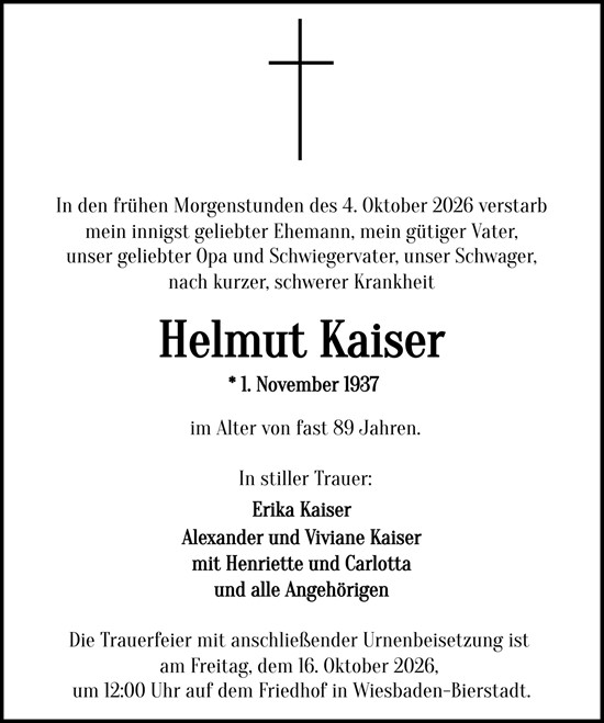 Traueranzeige von Helmut Kaiser von Wiesbadener Kurier