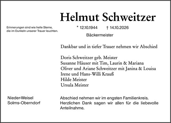 Traueranzeige von Helmut Schweitzer von Wetzlarer Neue Zeitung