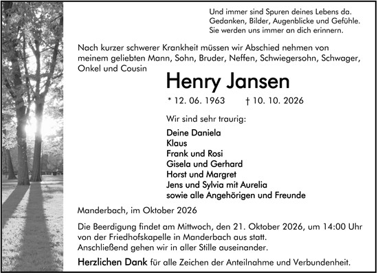 Traueranzeige von Henry Jansen von Dill Block