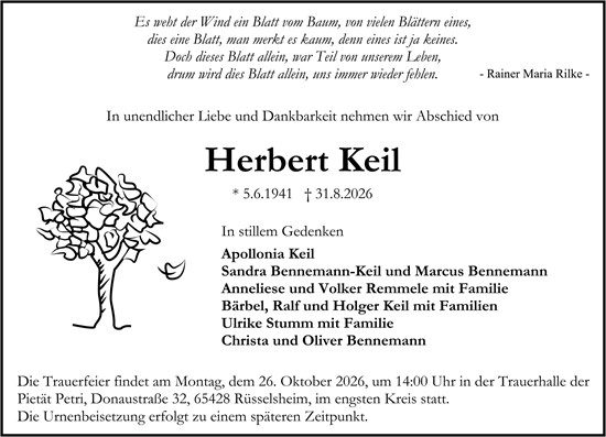 Traueranzeige von Herbert Keil von Rüsselsheimer Echo