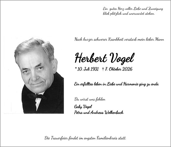 Traueranzeige von Herbert Vogel von Wiesbadener Kurier