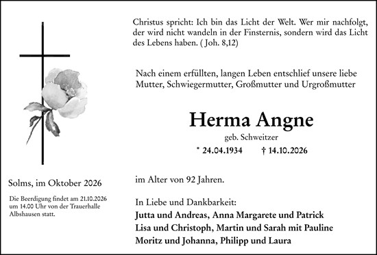 Traueranzeige von Herma Angne von Wetzlarer Neue Zeitung