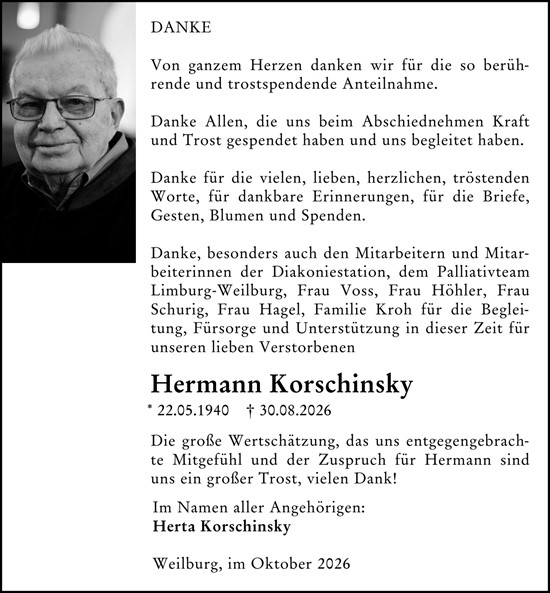 Traueranzeige von Hermann Korschinsky von Weilburger Tageblatt