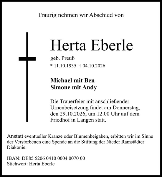 Traueranzeige von Herta Eberle von Darmstädter Echo