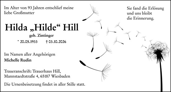 Traueranzeige von Hilda „Hilde“ Hill von Wiesbadener Kurier