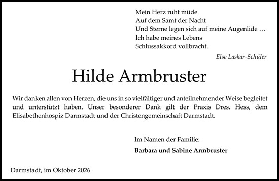 Traueranzeige von Hilde Armbruster von Darmstädter Echo