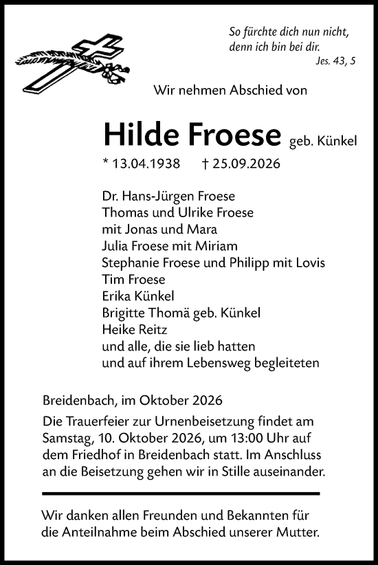 Traueranzeige von Hilde Froese von Hinterländer Anzeiger