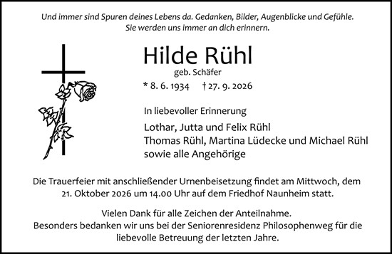 Traueranzeige von Hilde Rühl von Wetzlarer Neue Zeitung