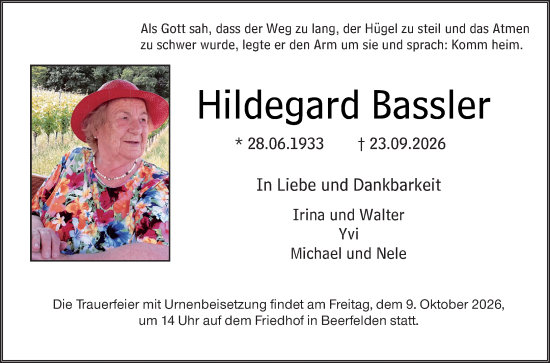 Traueranzeige von Hildegard Bassler von Odenwälder Echo