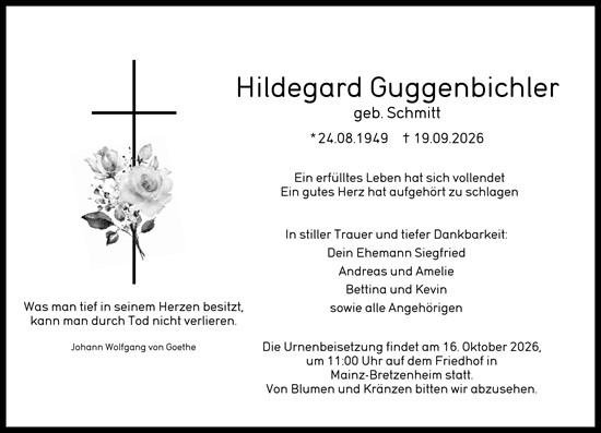 Traueranzeige von Hildegard Guggenbichler von Allgemeine Zeitung Mainz